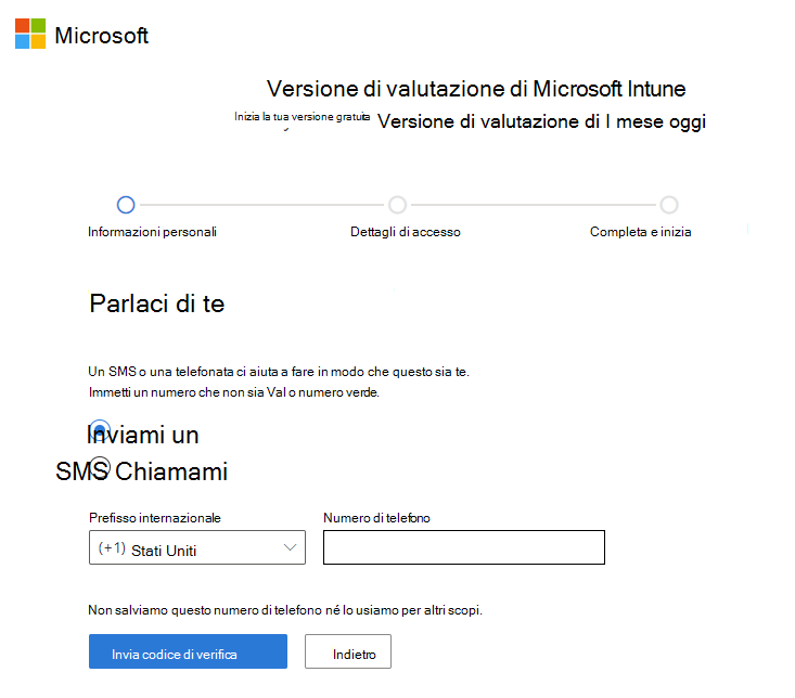 Screenshot della pagina Configura l'account di Microsoft Intune: inviare il codice di verifica