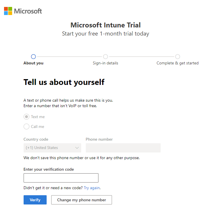 Screenshot della pagina Configura l'account di Microsoft Intune: verifica codice