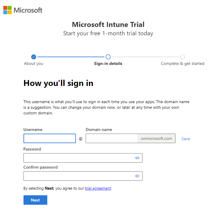 Screenshot della pagina Microsoft Intune configurare l'account - Accedi