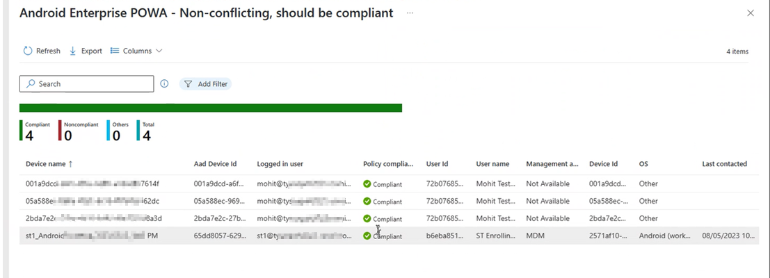 Visualizzazione del report dettagliato sullo stato del dispositivo, dopo aver selezionato il pulsante Visualizza report nell'interfaccia di amministrazione Intune.