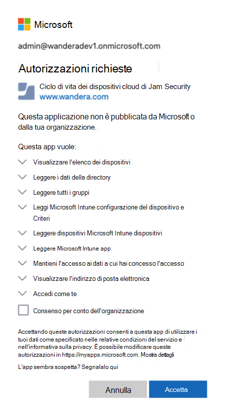 Screenshot delle autorizzazioni accettate.