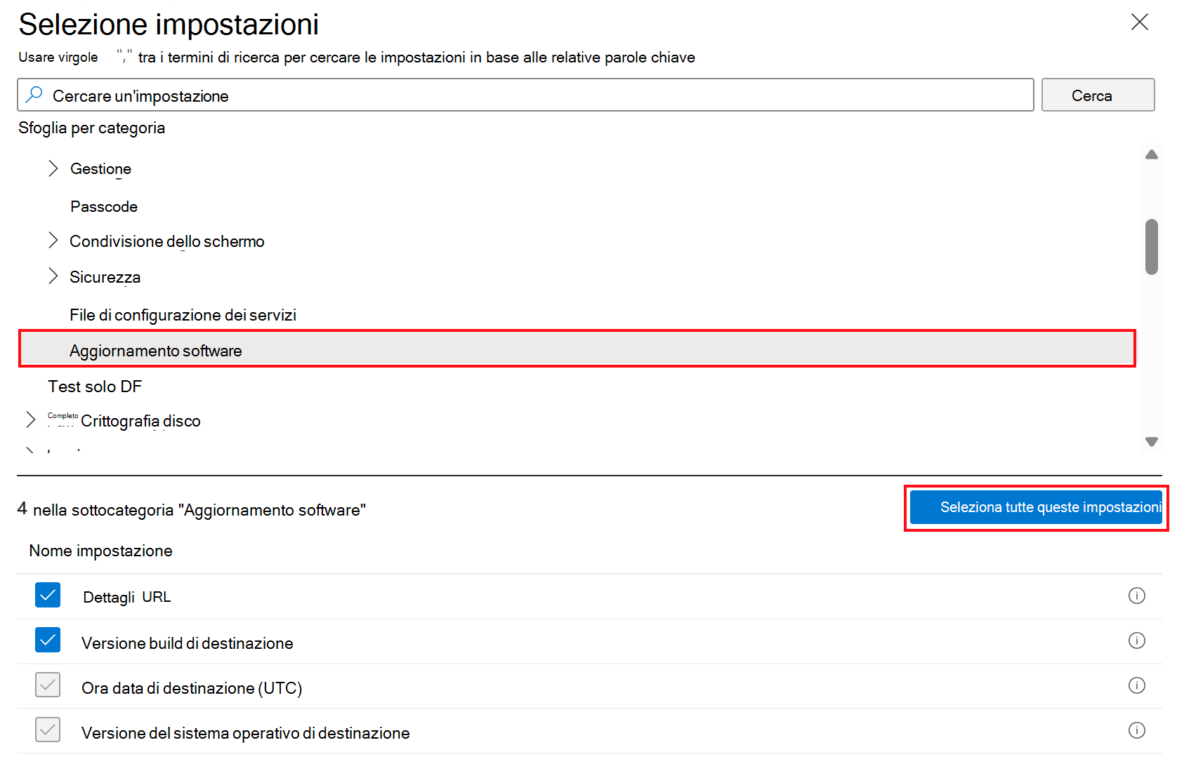 Screenshot che mostra le impostazioni di aggiornamento software del catalogo delle impostazioni per i dispositivi Apple in Microsoft Intune.