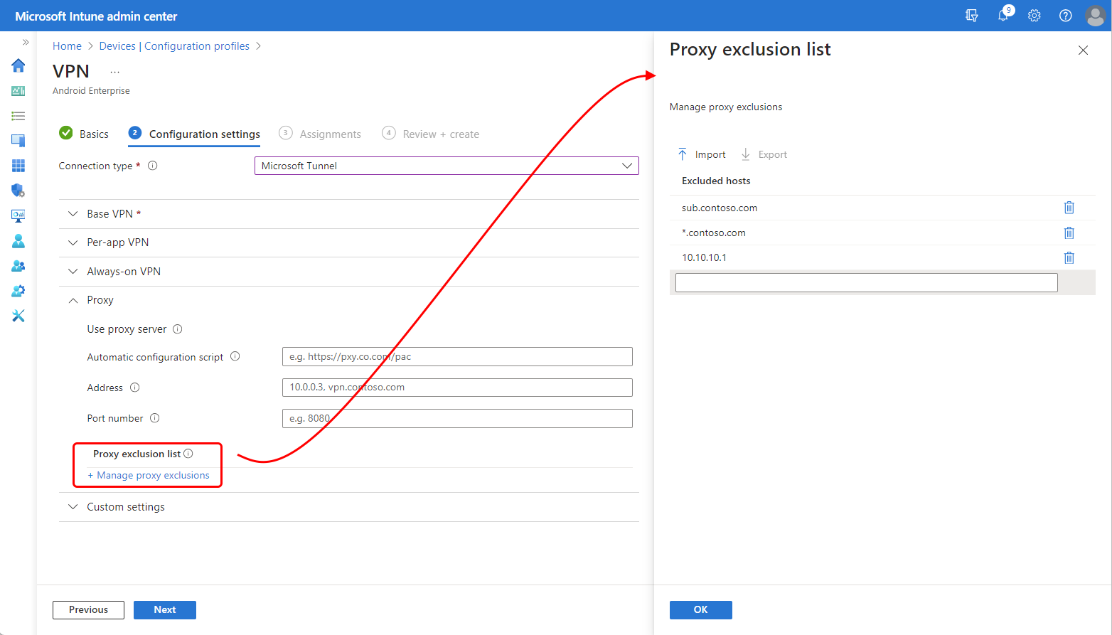 Screenshot del riquadro dell'elenco di esclusione proxy nell'interfaccia di amministrazione Intune.