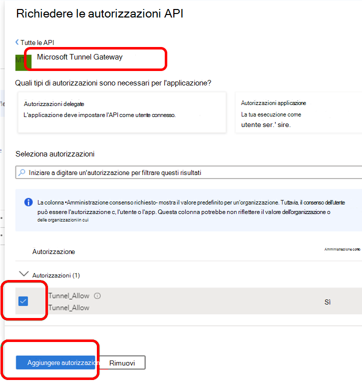 Configurare le autorizzazioni API per il gateway di Microsoft Tunnel.