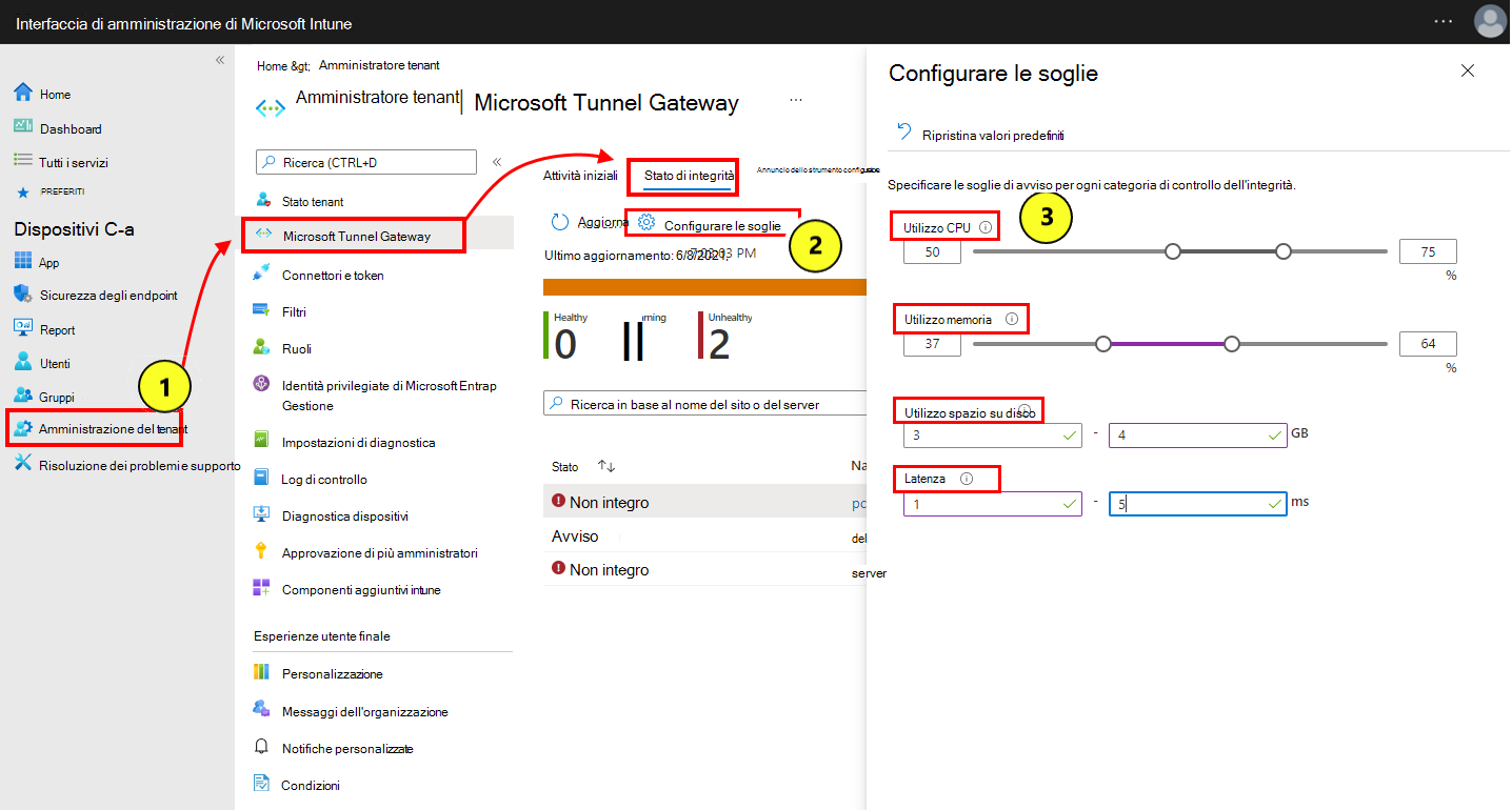 Screenshot di come selezionare e configurare le soglie di stato di integrità.