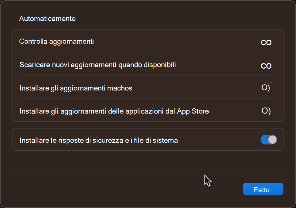 Impostazioni e controlli di aggiornamento predefiniti del sistema operativo in un dispositivo Apple macOS.