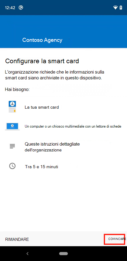 Screenshot della schermata Configura accesso alle smart card per dispositivi mobili dell'app Intune.