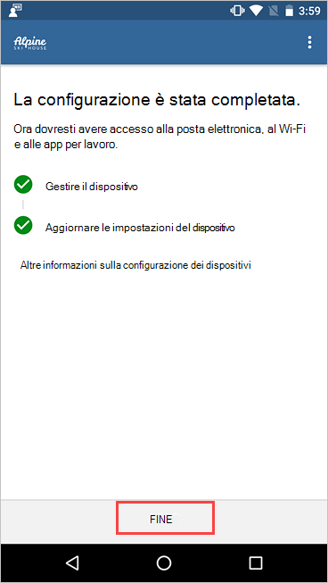 Screenshot di Portale aziendale, schermata Configurazione accesso aziendale, che mostra l'installazione completata e il pulsante Fine evidenziato.