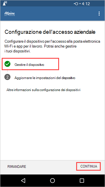 Screenshot di Portale aziendale schermata Configurazione accesso aziendale che mostra Il completamento della gestione del dispositivo.