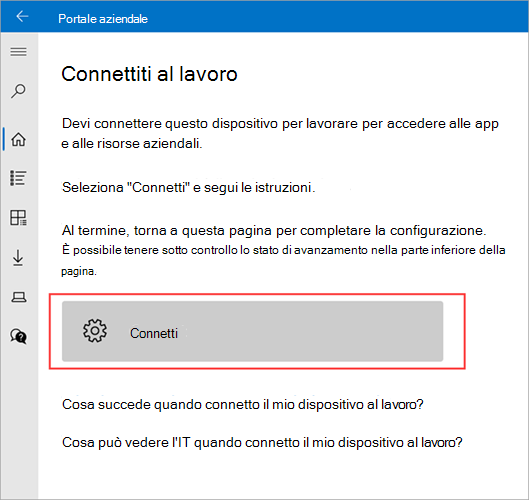 Immagine di esempio di Portale aziendale > schermata Connetti al lavoro che evidenzia il pulsante Connetti.