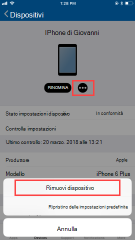 Screenshot della schermata Dispositivi dell'app Portale aziendale, che mostra le opzioni dopo che l'utente ha fatto clic su Rimuovi. Mostra il pulsante 