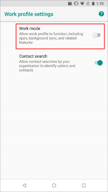 Screenshot dell'interruttore di attivazione/disattivazione profilo di lavoro attivato nelle impostazioni del dispositivo Nexus 5X.