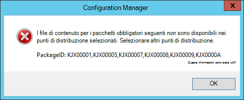 Messaggio di errore durante la procedura guidata dei supporti della sequenza di attività quando il contenuto non è disponibile nei punti di distribuzione che elencano gli ID pacchetto mancanti.