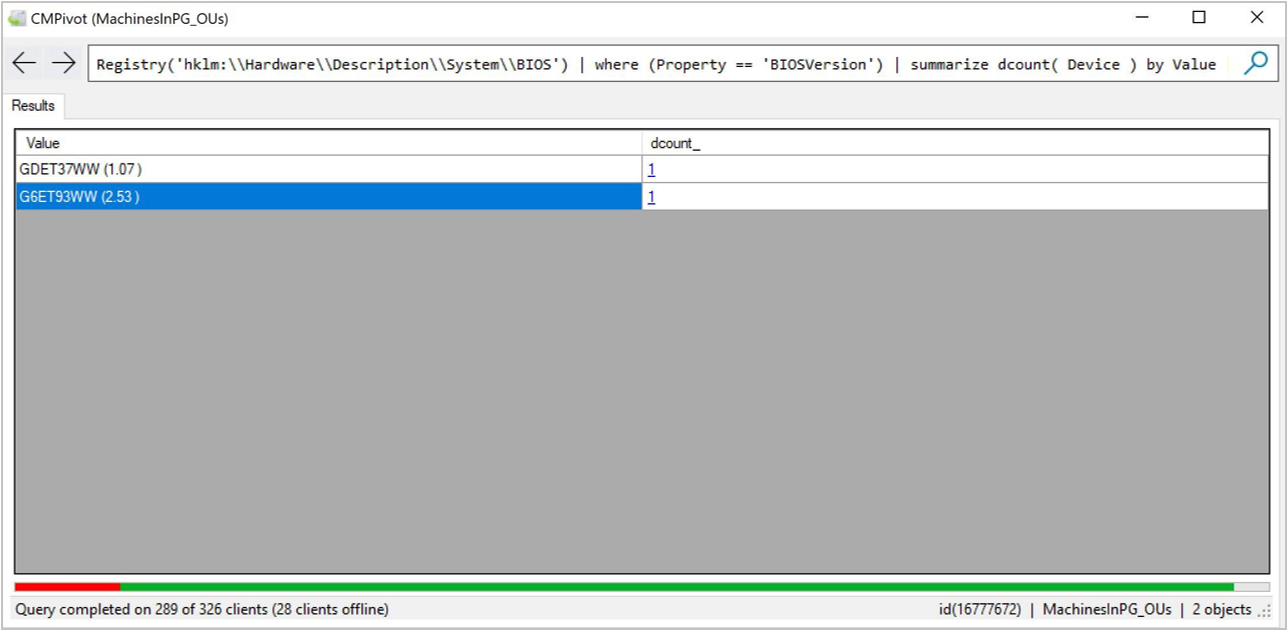 Finestra CMPivot con query di esempio per BIOSVersion