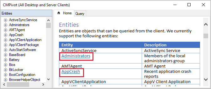 Esempio di entità sottolineate di CMPivot