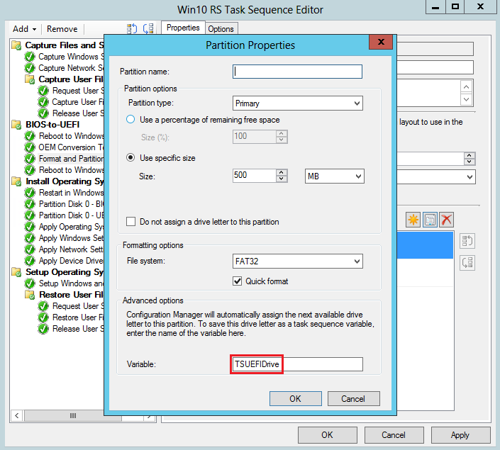 Configurazione delle proprietà di partizione FAT32.