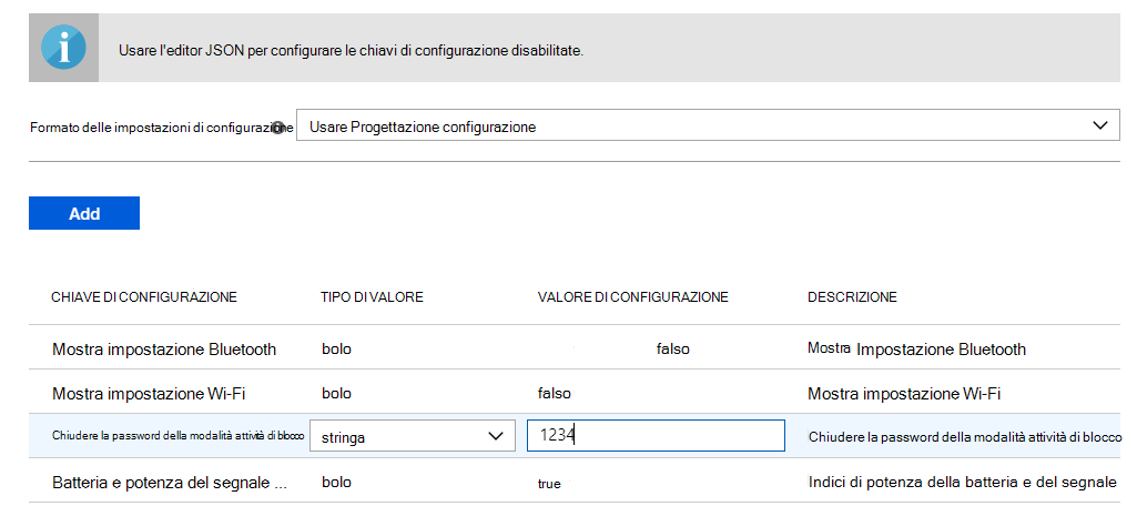 Screenshot delle impostazioni di configurazione aggiunte