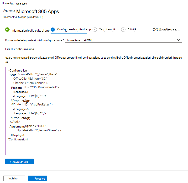 Screenshot: aggiungere Microsoft 365 - Progettazione configurazione - Esempio XML.