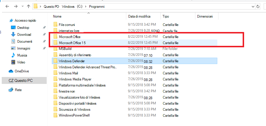 Pacchetti di installazione di Office nella directory Programmi