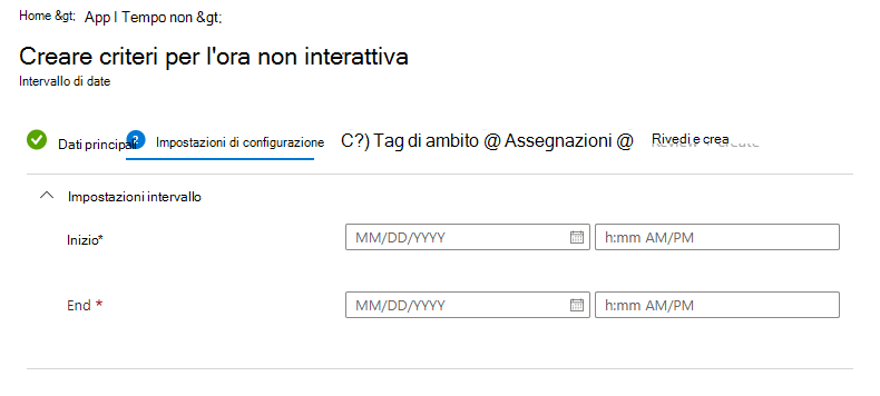 Screenshot dell'ora Microsoft Intune non interattiva - Configurare i criteri intervallo di date