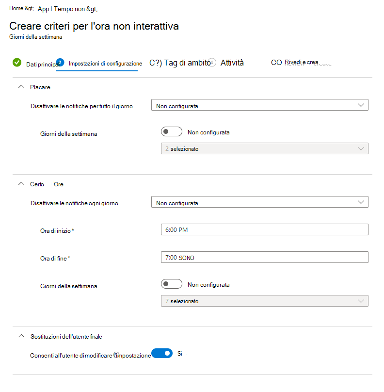 Screenshot del Microsoft Intune tempo di inattività - Configurare i criteri per i giorni della settimana