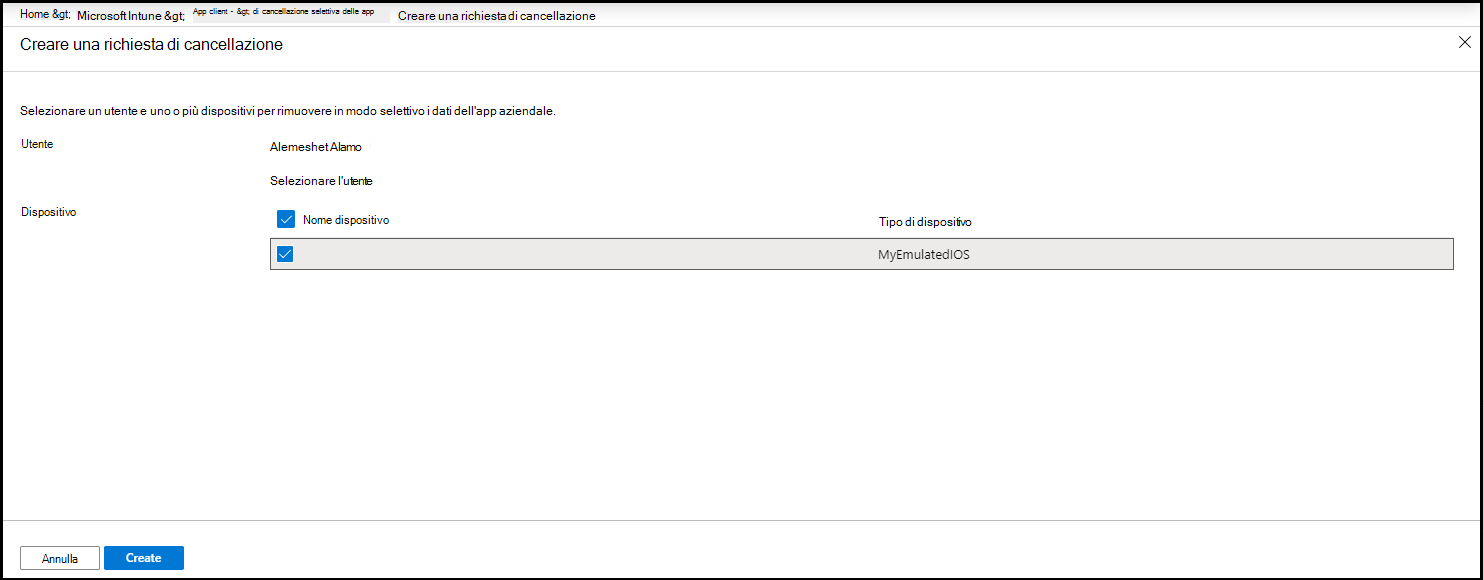 Screenshot del riquadro 'Crea richiesta di cancellazione' in cui è selezionato il dispositivo