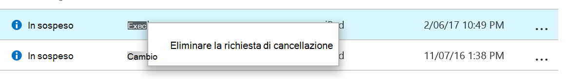 Screenshot dell'elenco delle richieste di cancellazione nel riquadro Cancellazione selettiva dell'app