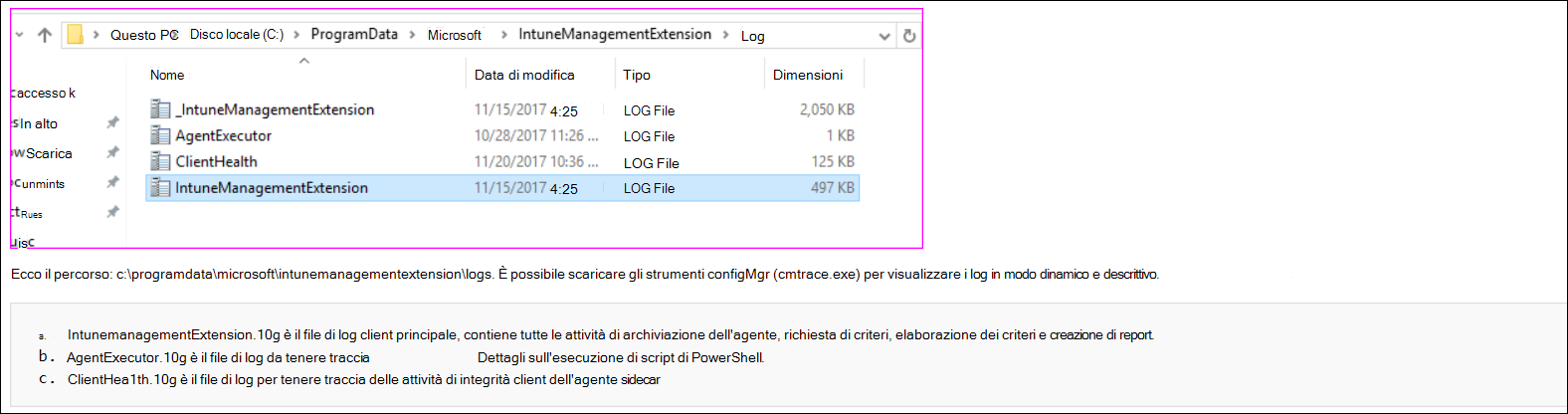 Screenshot dei log dell'agente nel computer client.