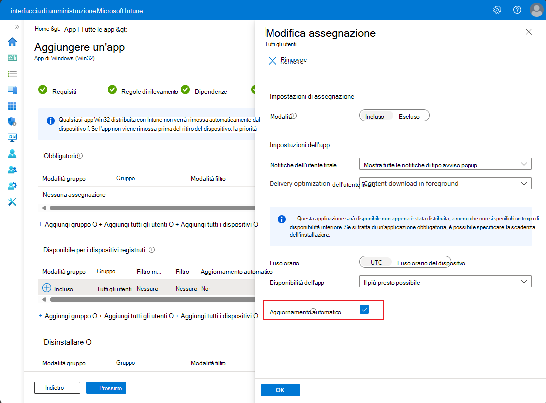 Screenshot del riquadro Modifica assegnazione quando si imposta l'aggiornamento automatico
