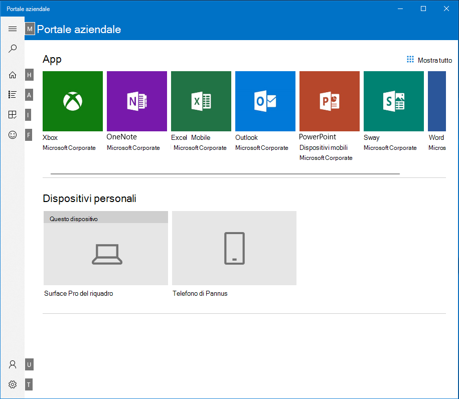 Screenshot dei collegamenti disponibili in Windows Portale aziendale