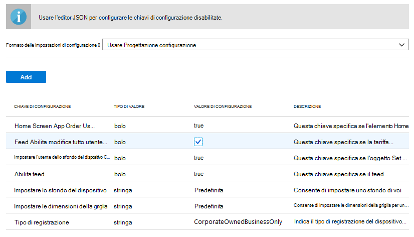 Formato delle impostazioni di configurazione - Immettere i dati JSON