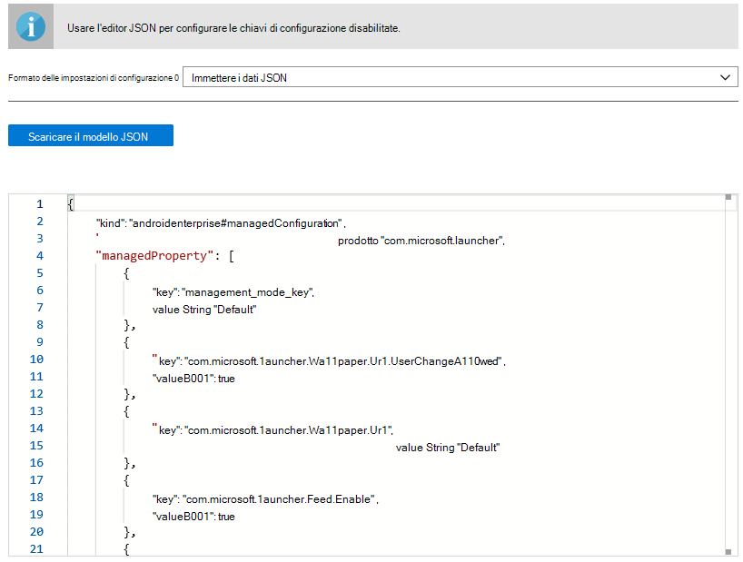 Designer di configurazione - Dati JSON