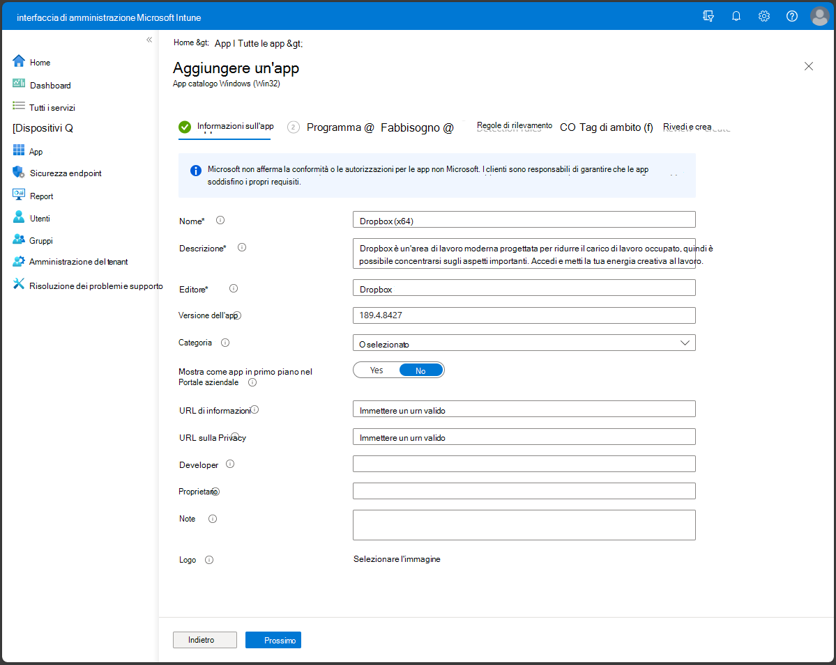 Includere informazioni sull'app durante l'aggiunta di un'app Catalogo app enterprise