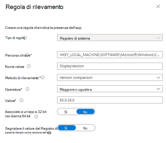 Screenshot della regola di rilevamento del Registro di sistema.