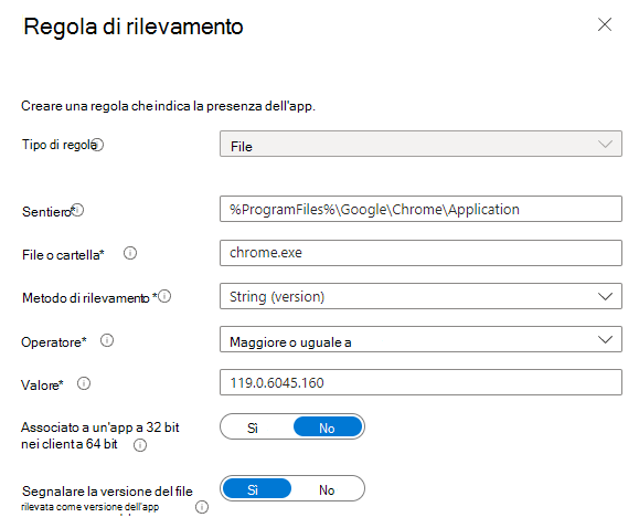 Screenshot della regola di rilevamento file.