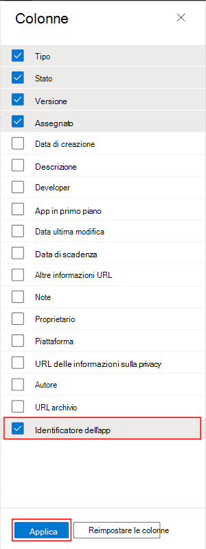 Screenshot che mostra come selezionare la colonna ID bundle dell'app in Tutte le app in Microsoft Intune e nell'interfaccia di amministrazione Intune.