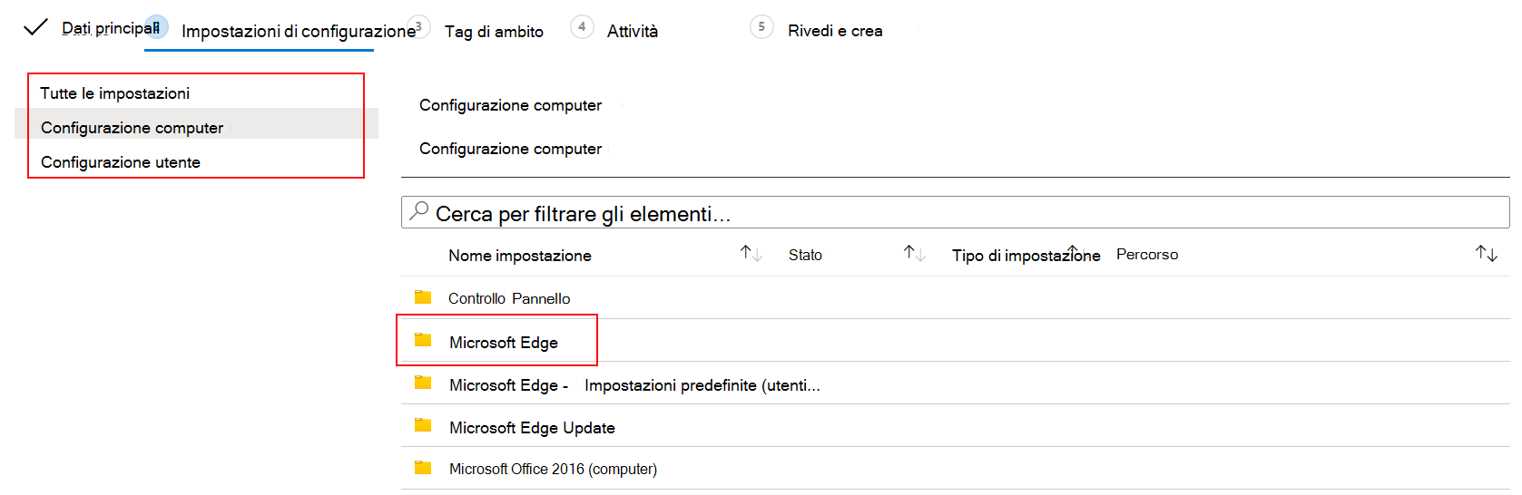 Screenshot che mostra le impostazioni ADMX per la configurazione utente e la configurazione del computer nell'interfaccia di amministrazione di Microsoft Intune e Intune.