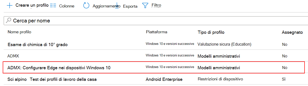 Screenshot dell'impostazione dei criteri ADMX visualizzato nell'elenco dei profili di configurazione del dispositivo in Microsoft Intune e Intune'interfaccia di amministrazione.