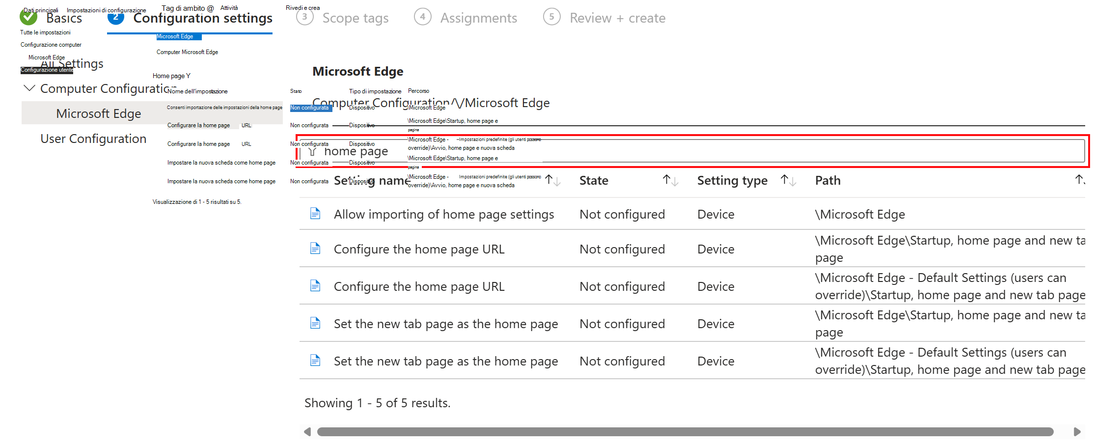 Screenshot di Usare la ricerca per filtrare le impostazioni di ADMX nell'interfaccia di amministrazione di Microsoft Intune e Intune.