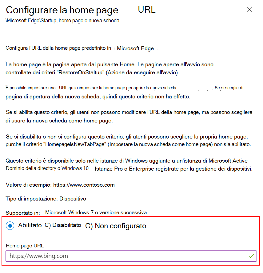 Screenshot di Impostare l'URL della home page di Microsoft Edge su un sito Web usando modelli ADMX in Microsoft Intune e Intune'interfaccia di amministrazione.