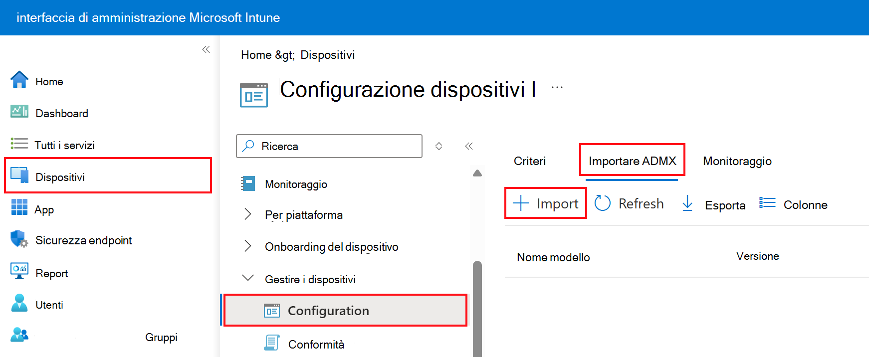 Screenshot che mostra come aggiungere o importare ADMX e ADML personalizzati. Passare a Profili > di configurazione dispositivi > ImportaRE ADMX nell'interfaccia di amministrazione Microsoft Intune.