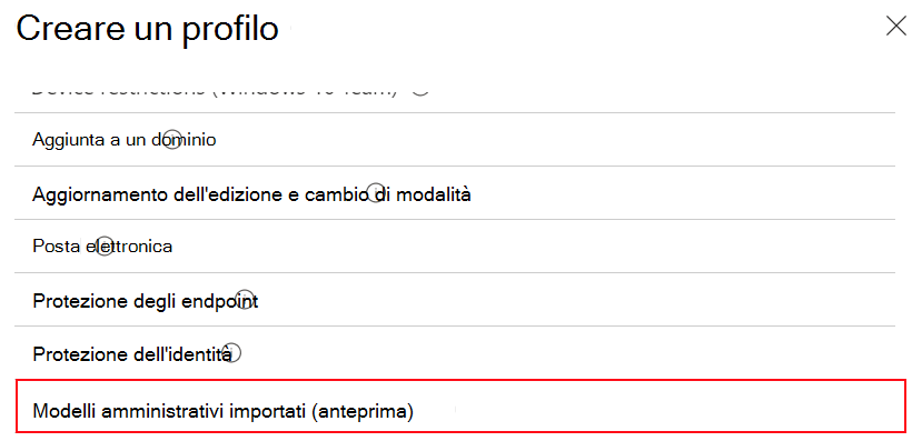 Screenshot che mostra come selezionare modelli amministrativi importati per creare un profilo di configurazione del dispositivo usando le impostazioni ADMX importate nell'interfaccia di amministrazione Microsoft Intune.