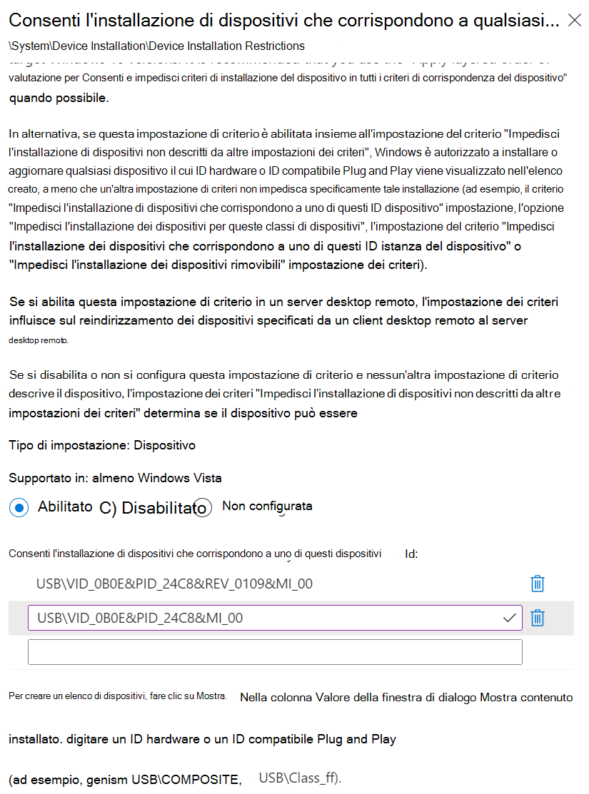 Screenshot che mostra come usare Intune per impostare l'impostazione Consenti installazione dei dispositivi che corrispondono a uno di questi ID dispositivo con gli ID hardware.