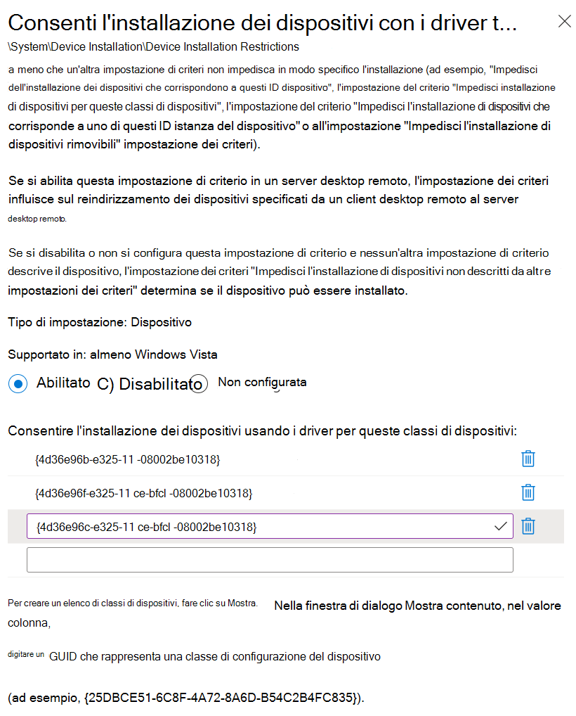 Screenshot che mostra come usare Microsoft Intune per impostare l'impostazione Consenti installazione dei dispositivi usando driver che corrispondono a queste classi di configurazione del dispositivo con i GUID della classe.