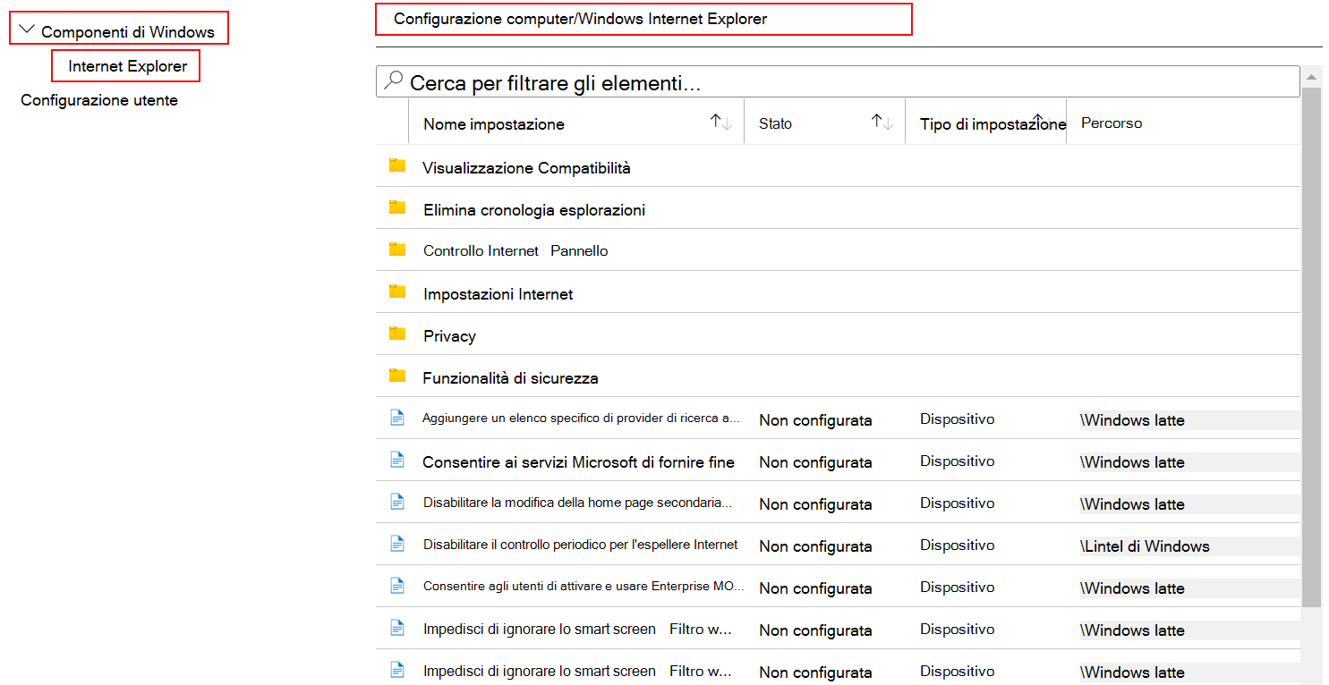 Visualizzare tutte le impostazioni del dispositivo applicabili a Internet Explorer nell'interfaccia di amministrazione di Microsoft Intune e Intune