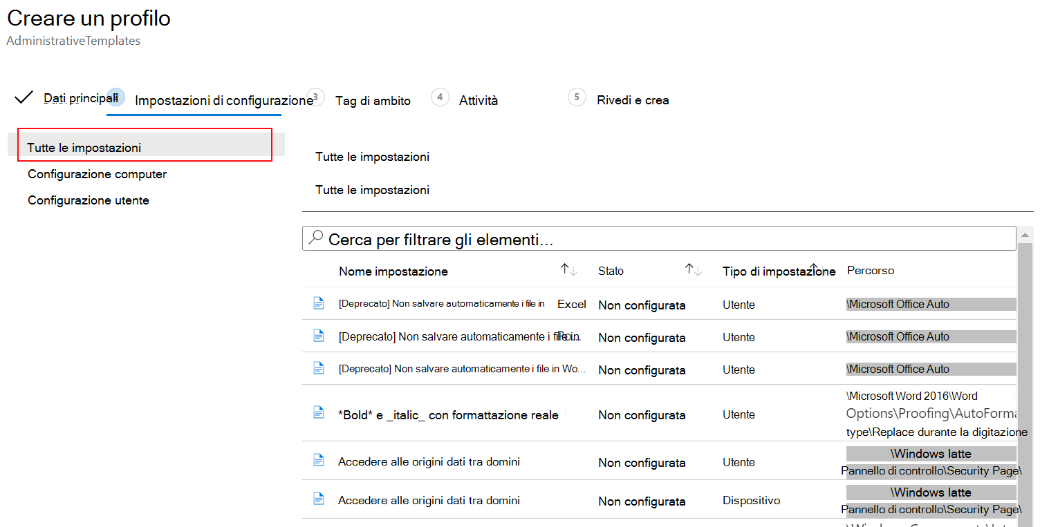 Screenshot che mostra come selezionare Tutte le impostazioni usando i criteri modello ADMX in Microsoft Intune.