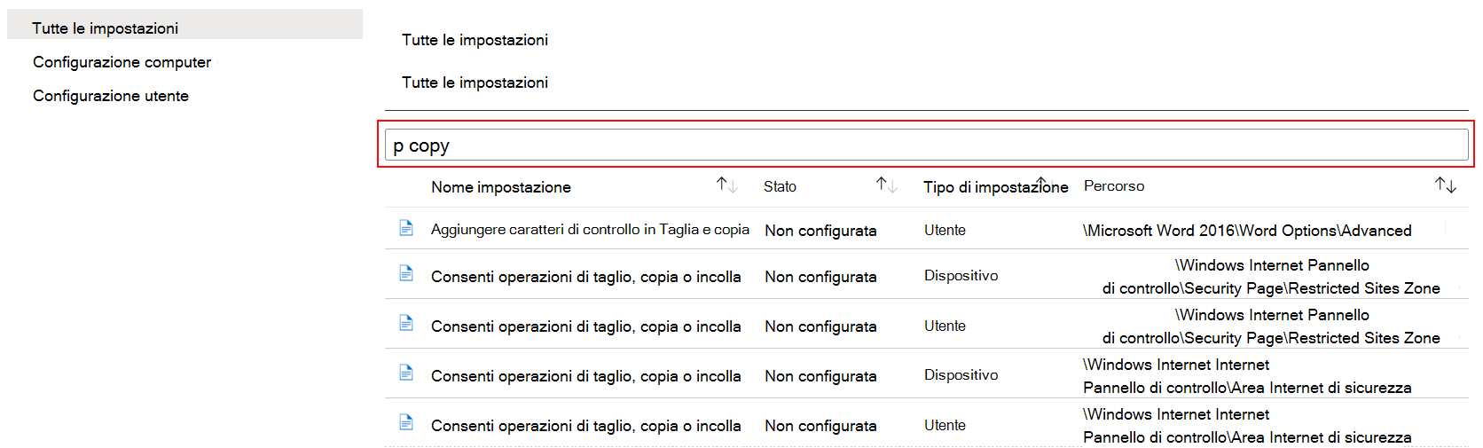 Cercare copia per visualizzare tutte le impostazioni del dispositivo nei modelli amministrativi di Microsoft Intune e nell'interfaccia di amministrazione di Intune.