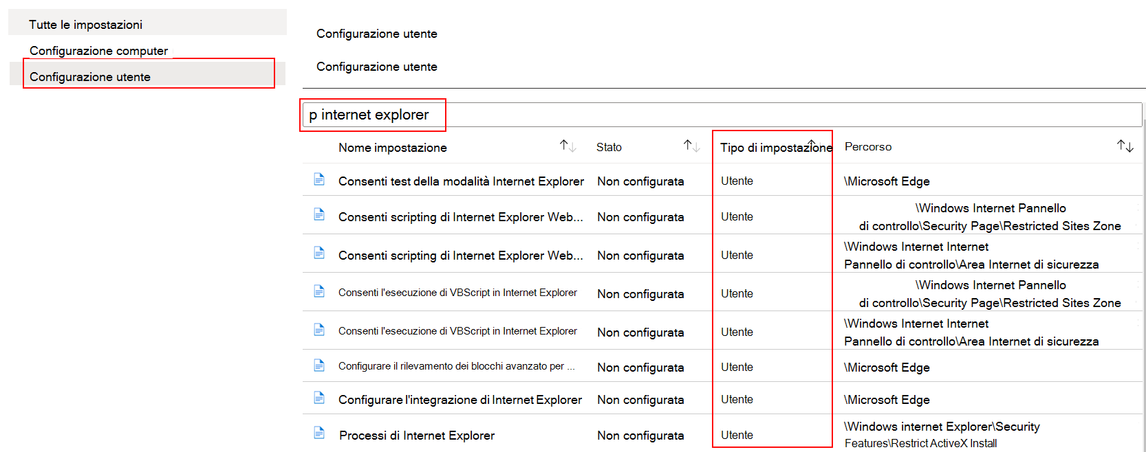 Nel modello ADMX, selezionare la configurazione utente e cercare o filtrare per Internet Explorer in Microsoft Intune.