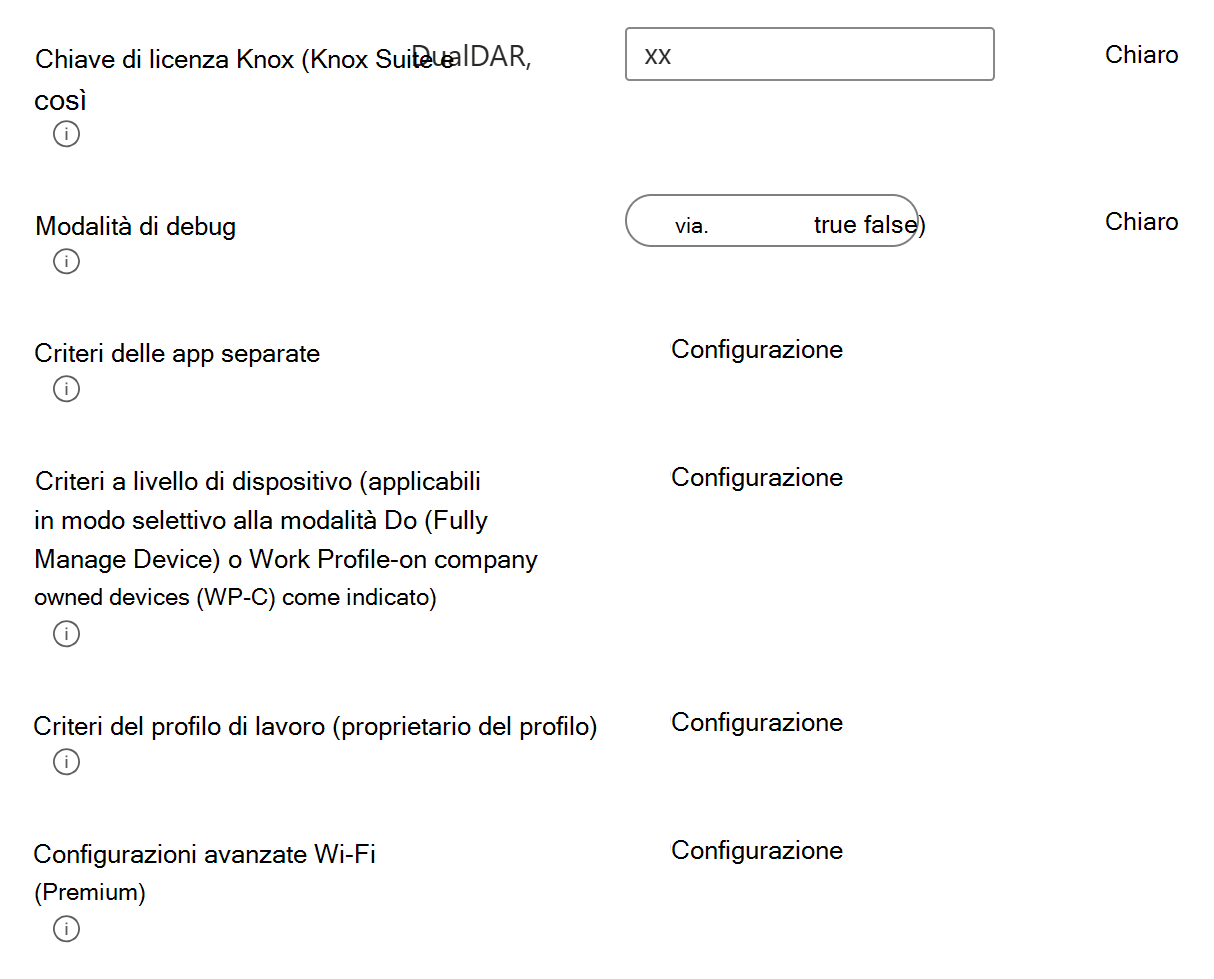 Screenshot che mostra un profilo di configurazione del dispositivo OEMConfig di esempio con i principali gruppi padre o bundle che possono essere configurati in Microsoft Intune.