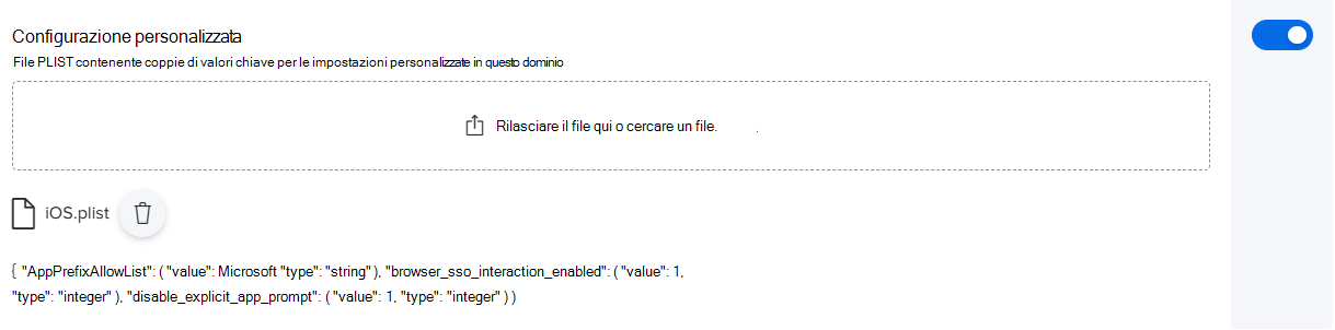 Screenshot che mostra una configurazione personalizzata di esempio con un file PLIST per Jamf Pro.